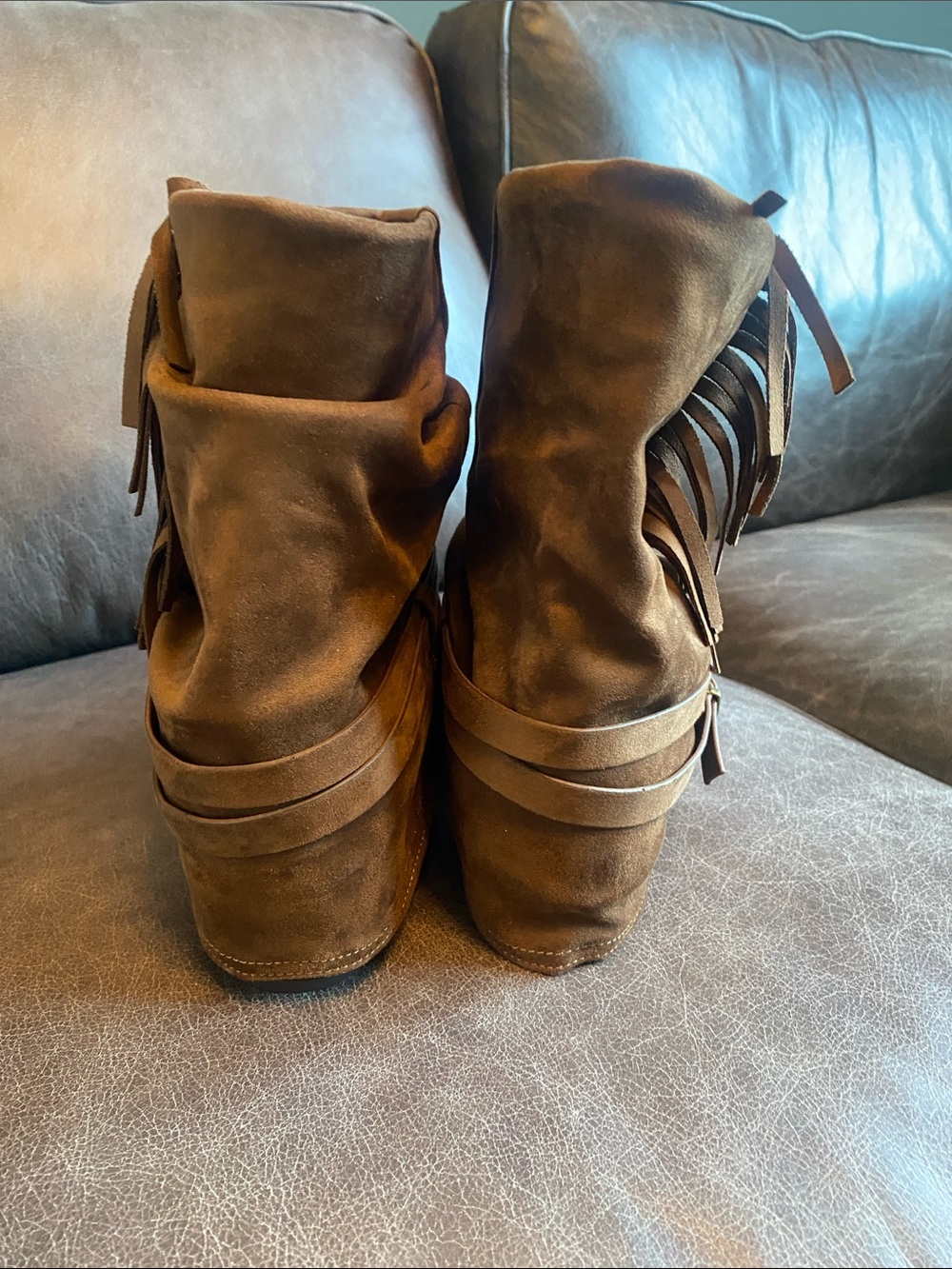 Women's Brown Faux Suede Fringe Ankle Booties with Wrap Straps - Picture 4 of 9